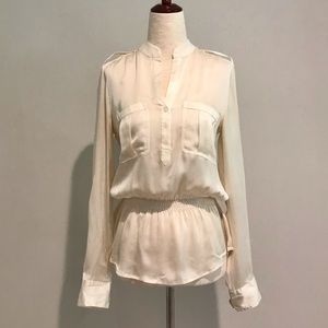 100% Silk Cream Bebe Peplum Button Blouse - XXS